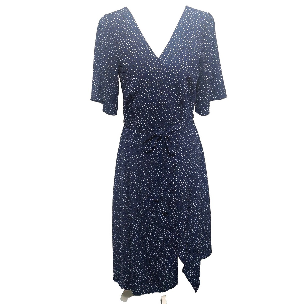 TRIXXI Womens Large Midi Dress Faux Wrap‎ Navy Polka Dot Lined Stretch